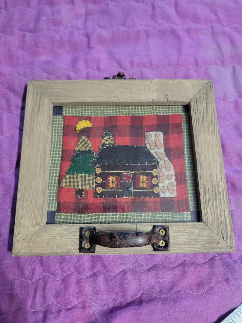 Framed Finished Needlepoint Primitive American Cabin House Tree